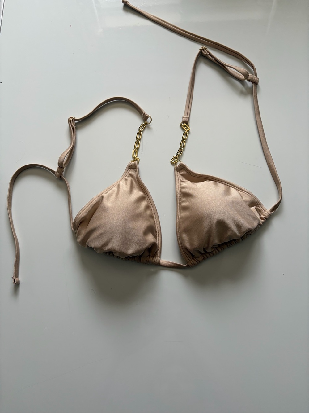 Shade & Shore Beige Triangle Bandeau Bikini Top with Gold Chain Accents